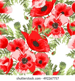 Elegant seamless pattern with hand drawn poppy flowers, design elements. Can be used for wedding invitations, greeting cards, scrapbooking, print, gift wrap, manufacturing. All elements are editable