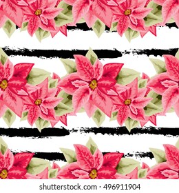 Elegant seamless pattern with hand drawn poinsettia flowers. Can be used for winter holiday invitations, greeting cards, scrapbooking, print, gift wrap, manufacturing. All elements are editable