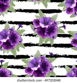 Elegant seamless pattern with hand drawn petunia flowers, design elements. Can be used for wedding invitations, greeting cards, scrapbooking, print, gift wrap, manufacturing. All elements are editable
