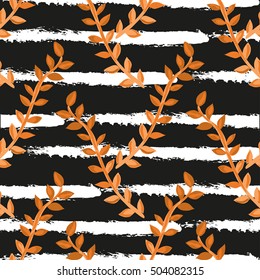 Elegant seamless pattern with hand drawn decorative leaves, design elements. Floral pattern for invitations, greeting cards, scrapbooking, print, gift wrap, manufacturing. Stripe background. Autumn