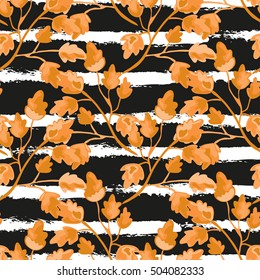 Elegant seamless pattern with hand drawn decorative leaves, design elements. Floral pattern for invitations, greeting cards, scrapbooking, print, gift wrap, manufacturing. Stripe background. Autumn