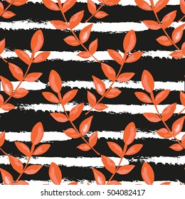 Elegant seamless pattern with hand drawn decorative leaves, design elements. Floral pattern for invitations, greeting cards, scrapbooking, print, gift wrap, manufacturing. Stripe background. Autumn