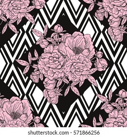 Elegant seamless pattern with hand drawn decorative peony flowers, design elements. Floral pattern for wedding invitations, greeting cards, scrapbooking, print, gift wrap, manufacturing.