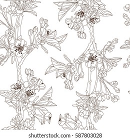 Elegant seamless pattern with hand drawn decorative cherry blossom flowers, design elements. Floral pattern for wedding invitations, greeting cards, scrapbooking, print, gift wrap, manufacturing