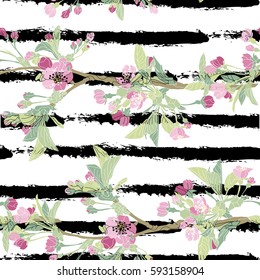 Elegant seamless pattern with hand drawn decorative cherry blossom flowers, design elements. Floral pattern for wedding invitations, greeting cards, scrapbooking, print, gift wrap, manufacturing.