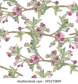 Elegant seamless pattern with hand drawn decorative cherry blossom flowers, design elements. Floral pattern for wedding invitations, greeting cards, scrapbooking, print, gift wrap, manufacturing.
