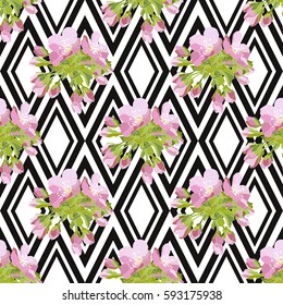 Elegant seamless pattern with hand drawn decorative cherry blossom flowers, design elements. Floral pattern for wedding invitations, greeting cards, scrapbooking, print, gift wrap, manufacturing.