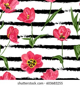 Elegant seamless pattern with hand drawn decorative tulip flowers, design elements. Can be used for invitations, greeting cards, scrapbooking, print, gift wrap, manufacturing. Stripe background.