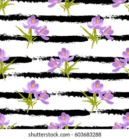 Elegant seamless pattern with hand drawn decorative crocus flowers, design elements. Can be used for invitations, greeting cards, scrapbooking, print, gift wrap, manufacturing. Stripe background.