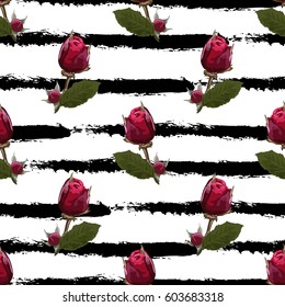 Elegant seamless pattern with hand drawn decorative rose flowers, design elements. Can be used for invitations, greeting cards, scrapbooking, print, gift wrap, manufacturing. Stripe background.