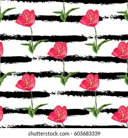 Elegant seamless pattern with hand drawn decorative flowers, design elements. Can be used for invitations, greeting cards, scrapbooking, print, gift wrap, manufacturing. Stripe background. Editable.