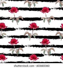 Elegant seamless pattern with hand drawn decorative rose flowers, design elements. Can be used for invitations, greeting cards, scrapbooking, print, gift wrap, manufacturing. Stripe background.