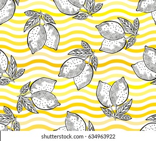 Elegant seamless pattern with hand drawn decorative lemon fruits, design elements. Can be used for invitations, cards, scrapbooking, print, gift wrap, manufacturing. Food background. Editable