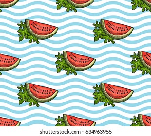 Elegant seamless pattern with hand drawn decorative watermelons, design elements. Can be used for invitations, cards, scrapbooking, print, gift wrap, manufacturing. Food background. Editable
