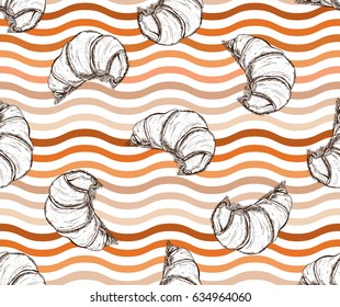 Elegant seamless pattern with hand drawn croissants, design element. Can be used for food invitations, cards, scrapbooking, print, gift wrap, manufacturing, cafe, bakery, restaurant menu.