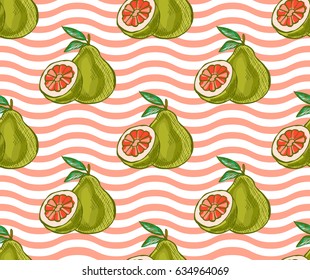 Elegant seamless pattern with hand drawn decorative pomelo fruits, design elements. Can be used for invitations, cards, scrapbooking, print, gift wrap, manufacturing. Food background. Editable