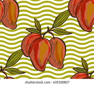 Elegant seamless pattern with hand drawn decorative mango fruits, design elements. Can be used for invitations, cards, scrapbooking, print, gift wrap, manufacturing. Food background. Editable