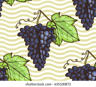 Elegant seamless pattern with hand drawn decorative grapes, design elements. Can be used for invitations, cards, scrapbooking, print, gift wrap, manufacturing. Food background. Editable
