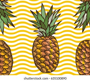 Elegant seamless pattern with hand drawn decorative pineapple fruits, design elements. Can be used for invitations, cards, scrapbooking, print, gift wrap, manufacturing. Food background. Editable