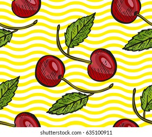 Elegant seamless pattern with hand drawn decorative cherry fruits, design elements. Can be used for invitations, cards, scrapbooking, print, gift wrap, manufacturing. Food background. Editable