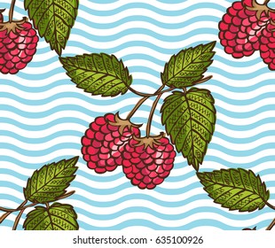 Elegant seamless pattern with hand drawn decorative raspberry fruits, design elements. Can be used for invitations, cards, scrapbooking, print, gift wrap, manufacturing. Food background. Editable