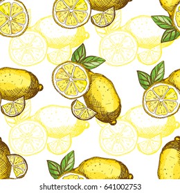 Elegant seamless pattern with hand drawn decorative lemon fruits, design elements. Can be used for invitations, cards, scrapbooking, print, gift wrap, manufacturing. Food background. Editable