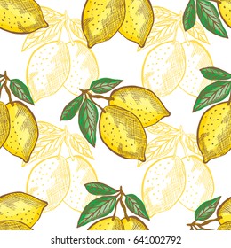 Elegant seamless pattern with hand drawn decorative lemon fruits, design elements. Can be used for invitations, cards, scrapbooking, print, gift wrap, manufacturing. Food background. Editable