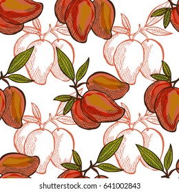 Elegant seamless pattern with hand drawn decorative mango fruits, design elements. Can be used for invitations, cards, scrapbooking, print, gift wrap, manufacturing. Food background. Editable
