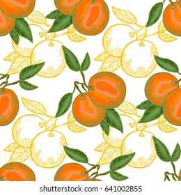 Elegant seamless pattern with hand drawn decorative orange fruits, design elements. Can be used for invitations, cards, scrapbooking, print, gift wrap, manufacturing. Food background. Editable