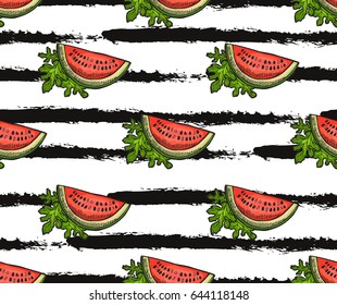 Elegant seamless pattern with hand drawn decorative watermelons, design elements. Can be used for invitations, cards, scrapbooking, print, gift wrap, manufacturing. Food background. Editable