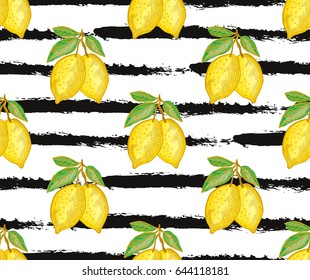Elegant seamless pattern with hand drawn decorative lemon fruits, design elements. Can be used for invitations, cards, scrapbooking, print, gift wrap, manufacturing. Food background. Editable