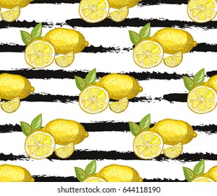 Elegant seamless pattern with hand drawn decorative lemon fruits, design elements. Can be used for invitations, cards, scrapbooking, print, gift wrap, manufacturing. Food background. Editable