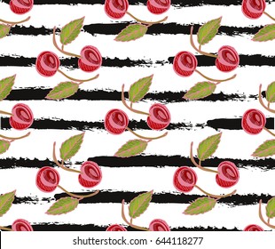 Elegant seamless pattern with hand drawn decorative cherry fruits, design elements. Can be used for invitations, cards, scrapbooking, print, gift wrap, manufacturing. Food background. Editable