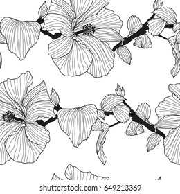 Elegant seamless pattern with hand drawn decorative hibiscus flowers, design elements.Floral pattern for wedding invitations, greeting cards, wallpapers, scrapbooking, print, gift wrap, manufacturing