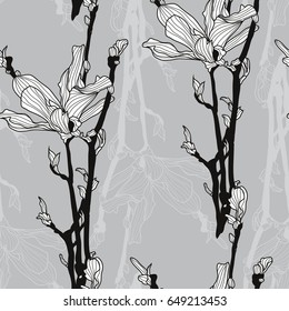 Elegant seamless pattern with hand drawn decorative magnolia flowers, design elements.Floral pattern for wedding invitations, greeting cards, wallpapers, scrapbooking, print, gift wrap, manufacturing