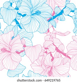 Elegant seamless pattern with hand drawn decorative hibiscus flowers, design elements.Floral pattern for wedding invitations, greeting cards, wallpapers, scrapbooking, print, gift wrap, manufacturing