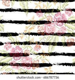Elegant seamless pattern with hand drawn decorative flowers, design elements. Floral pattern for wedding invitations, cards, wallpapers, scrapbooking, print, gift wrap, manufacturing. Embroidery