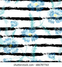 Elegant seamless pattern with hand drawn decorative cornflowers, design elements. Floral pattern for wedding invitations, cards, wallpapers, scrapbooking, print, gift wrap, manufacturing. Embroidery
