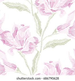 Elegant seamless pattern with hand drawn decorative lily flowers, design elements. Floral pattern for wedding invitations, cards, wallpapers, scrapbooking, print, gift wrap, manufacturing. Embroidery