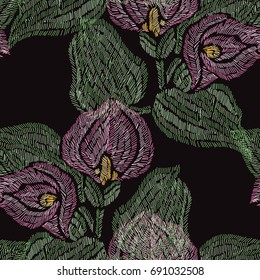 Elegant seamless pattern with hand drawn decorative calla flowers, design elements. Floral pattern for invitations, cards, wallpapers, print, gift wrap, manufacturing, fabrics. Embroidery style
