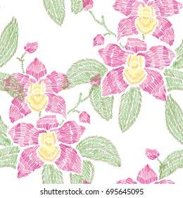 Elegant seamless pattern with hand drawn decorative orchid flowers, design elements. Floral pattern for invitations, cards, wallpapers, print, gift wrap, manufacturing, fabrics. Embroidery style