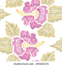 Elegant seamless pattern with hand drawn decorative hibiscus flowers, design elements. Floral pattern for invitations, cards, wallpapers, print, gift wrap, manufacturing, fabrics. Embroidery style