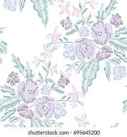 Elegant seamless pattern with hand drawn decorative flowers, design elements. Floral pattern for invitations, cards, wallpapers, print, gift wrap, manufacturing, fabrics. Embroidery style