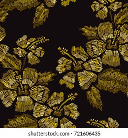 Elegant seamless pattern with hand drawn decorative hibiscus flowers, design elements. Floral pattern for invitations, cards, wallpapers, print, gift wrap, manufacturing, fabrics. Embroidery style