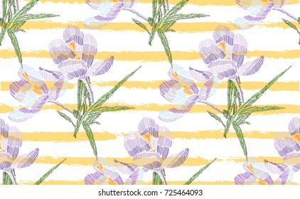 Elegant seamless pattern with hand drawn decorative crocus flowers, design elements. Floral pattern for invitations, cards, wallpapers, print, gift wrap, manufacturing, fabrics. Embroidery style