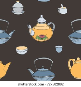 Elegant seamless pattern with hand drawn traditional Japanese tea ceremony attributes - cast-iron kettle Tetsubin, teapot, cups or bowls. Colorful vector illustration on dark background