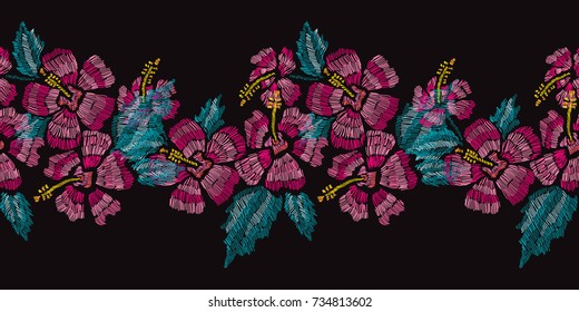 Elegant seamless pattern with hand drawn decorative hibiscus flowers, design elements. Floral pattern for invitations, cards, wallpapers, print, gift wrap, manufacturing, fabrics. Embroidery style