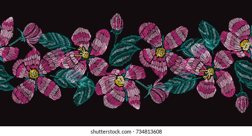 Elegant seamless pattern with hand drawn decorative cherry blossom flowers, design elements. Floral pattern for invitations, cards,wallpapers, print, gift wrap, manufacturing, fabrics.Embroidery style