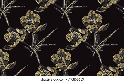 Elegant seamless pattern with hand drawn decorative crocus flowers, design elements. Floral pattern for invitations, cards, wallpapers, print, gift wrap, manufacturing, fabrics. Embroidery style.