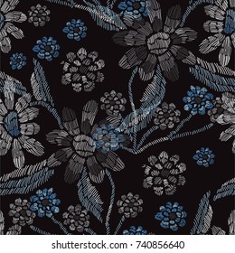 Elegant seamless pattern with hand drawn decorative flowers, design elements. Floral pattern for invitations, cards, wallpapers, print, gift wrap, manufacturing, fabrics. Embroidery style.